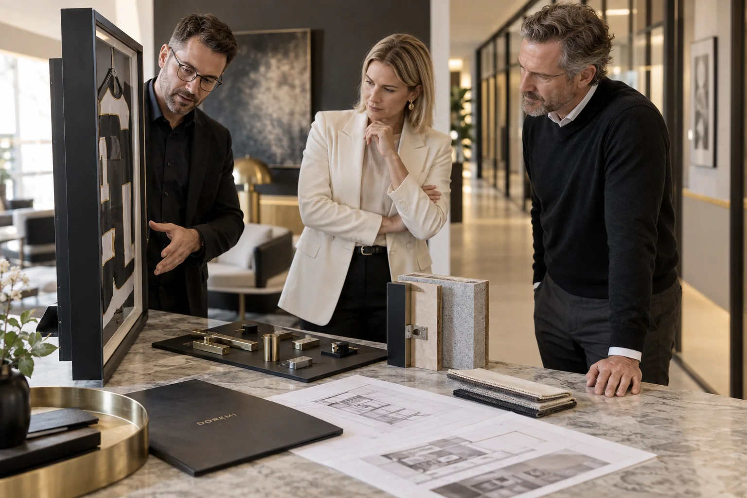 Architect, facilities buyer and DOREMI advisor reviewing a deep jersey frame profile, wall sample and installation hardware