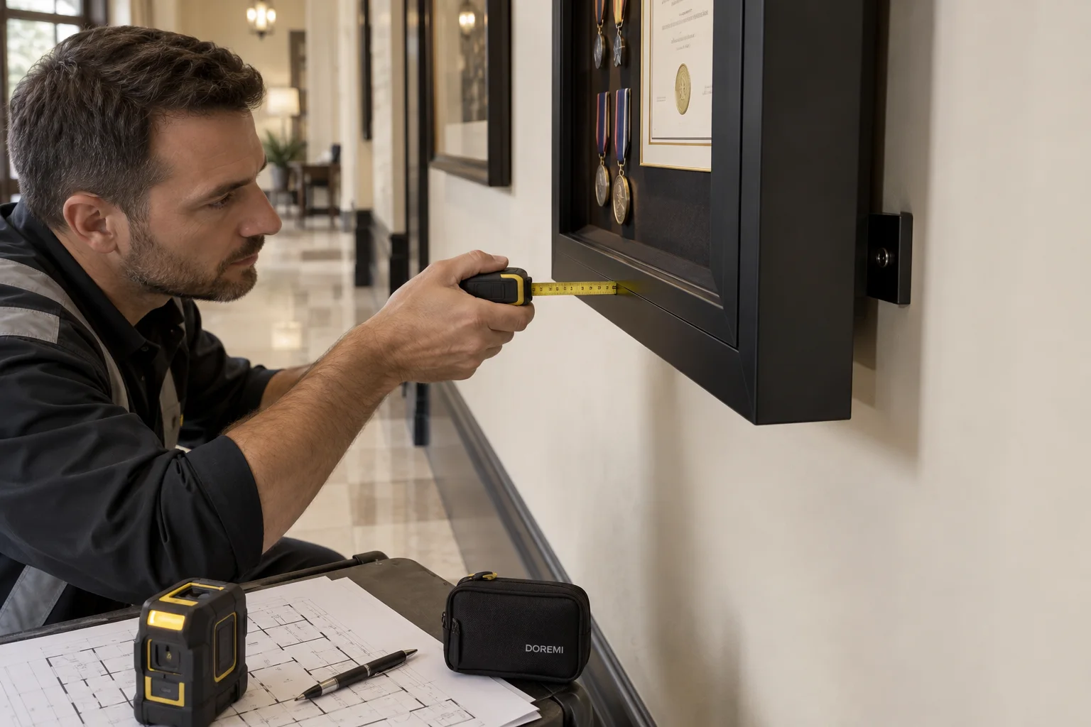 Facilities professional measuring the wall projection of a deep black medal and certificate display frame