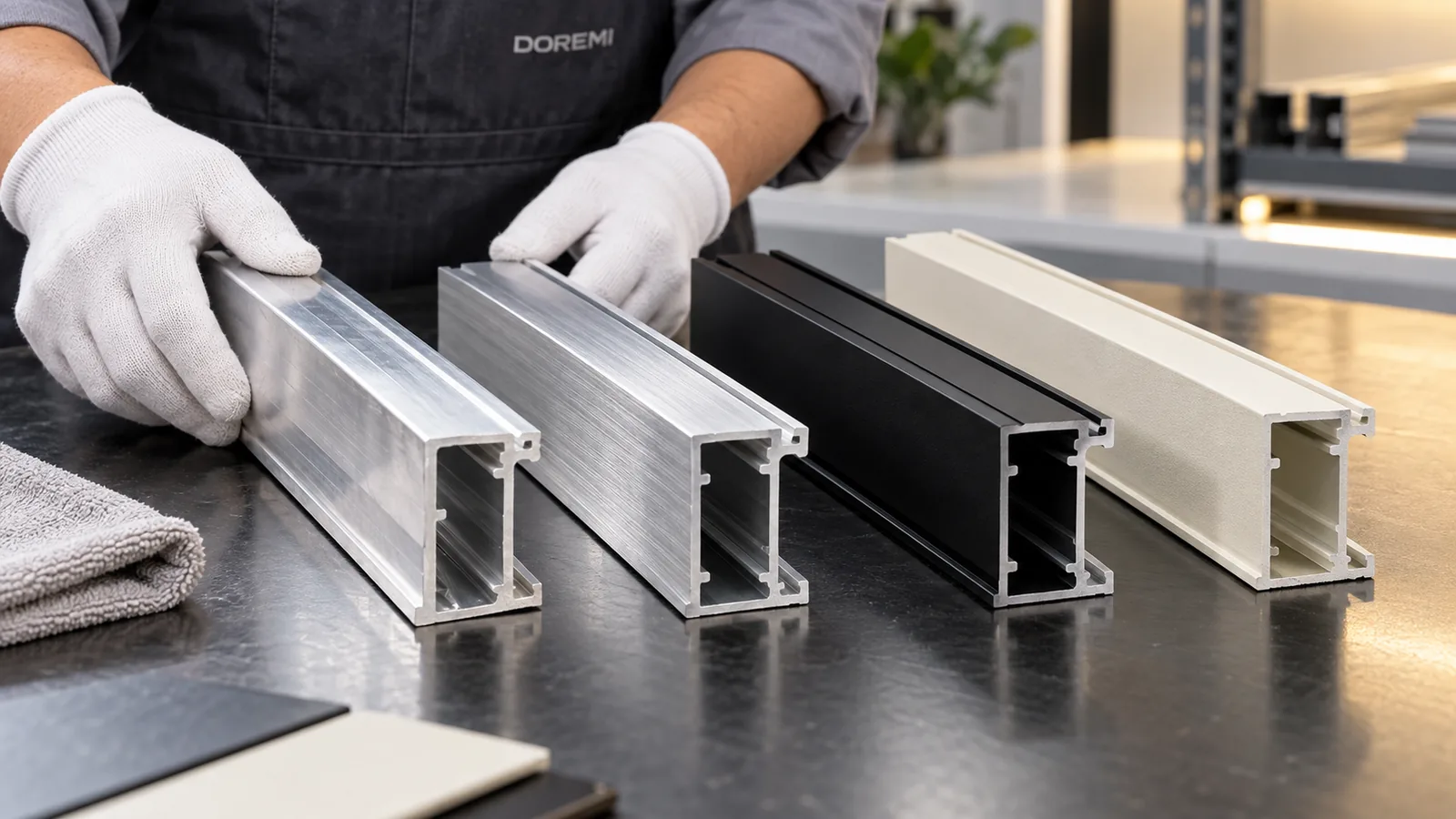 DOREMI technician comparing raw, brushed, black anodized and cream powder-coated aluminum display-frame extrusions