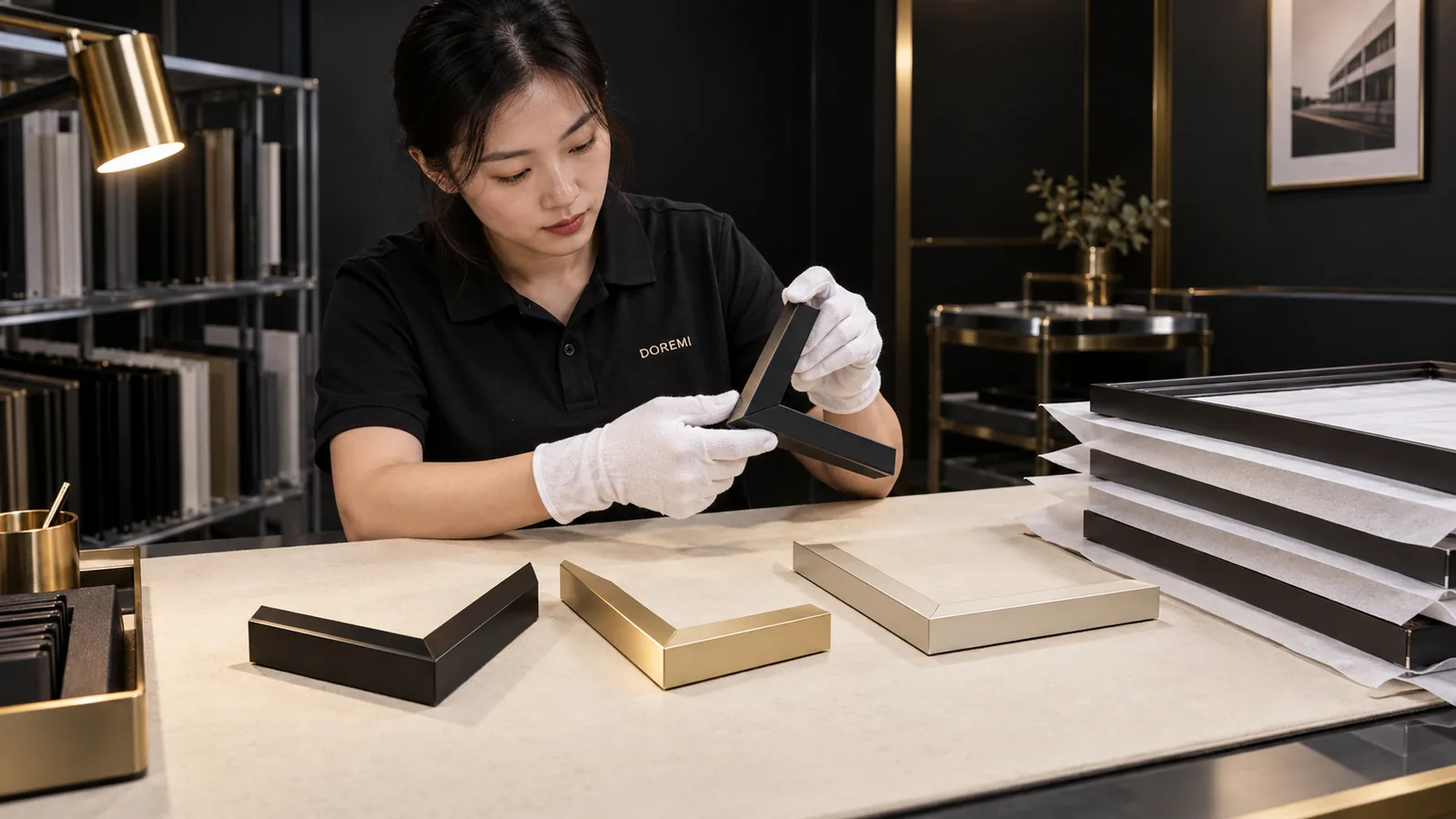DOREMI inspector checking black and metallic aluminum display-frame corner consistency under controlled light