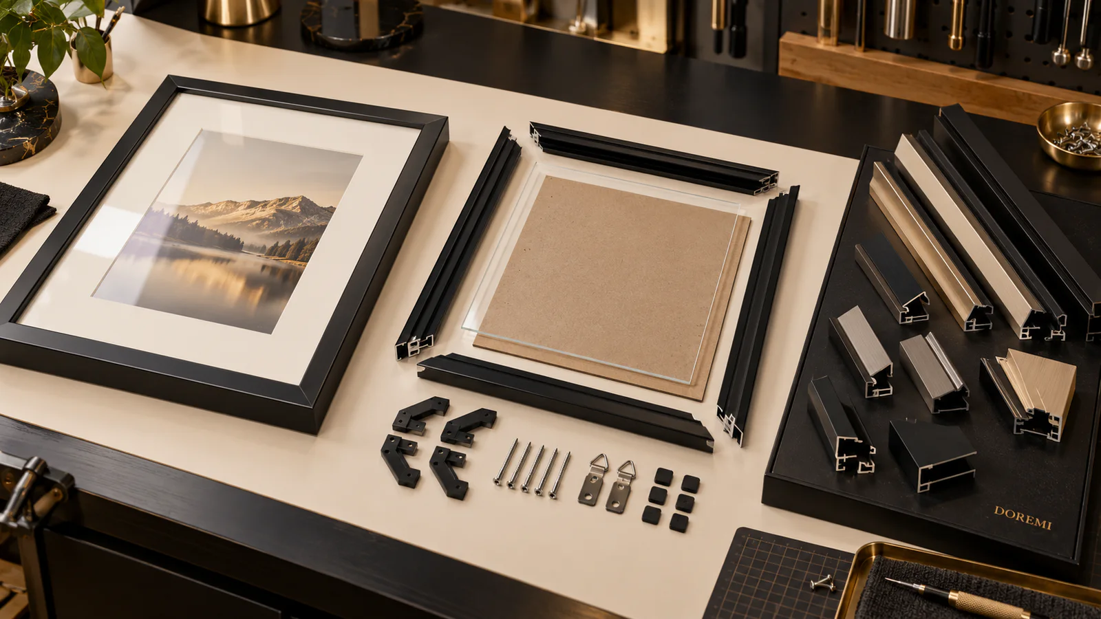 Finished black aluminum display frame, complete component kit and loose anodized profile samples arranged for importer configuration review