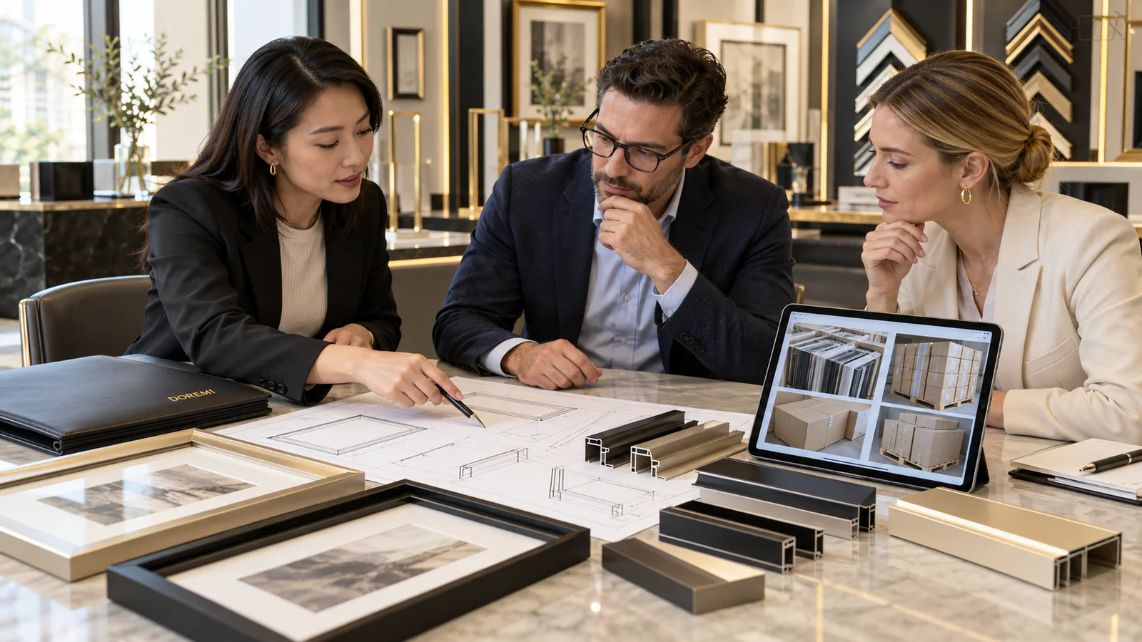 Importer, broker and DOREMI supplier representative reviewing aluminum frame drawings, finished samples and export packing photographs