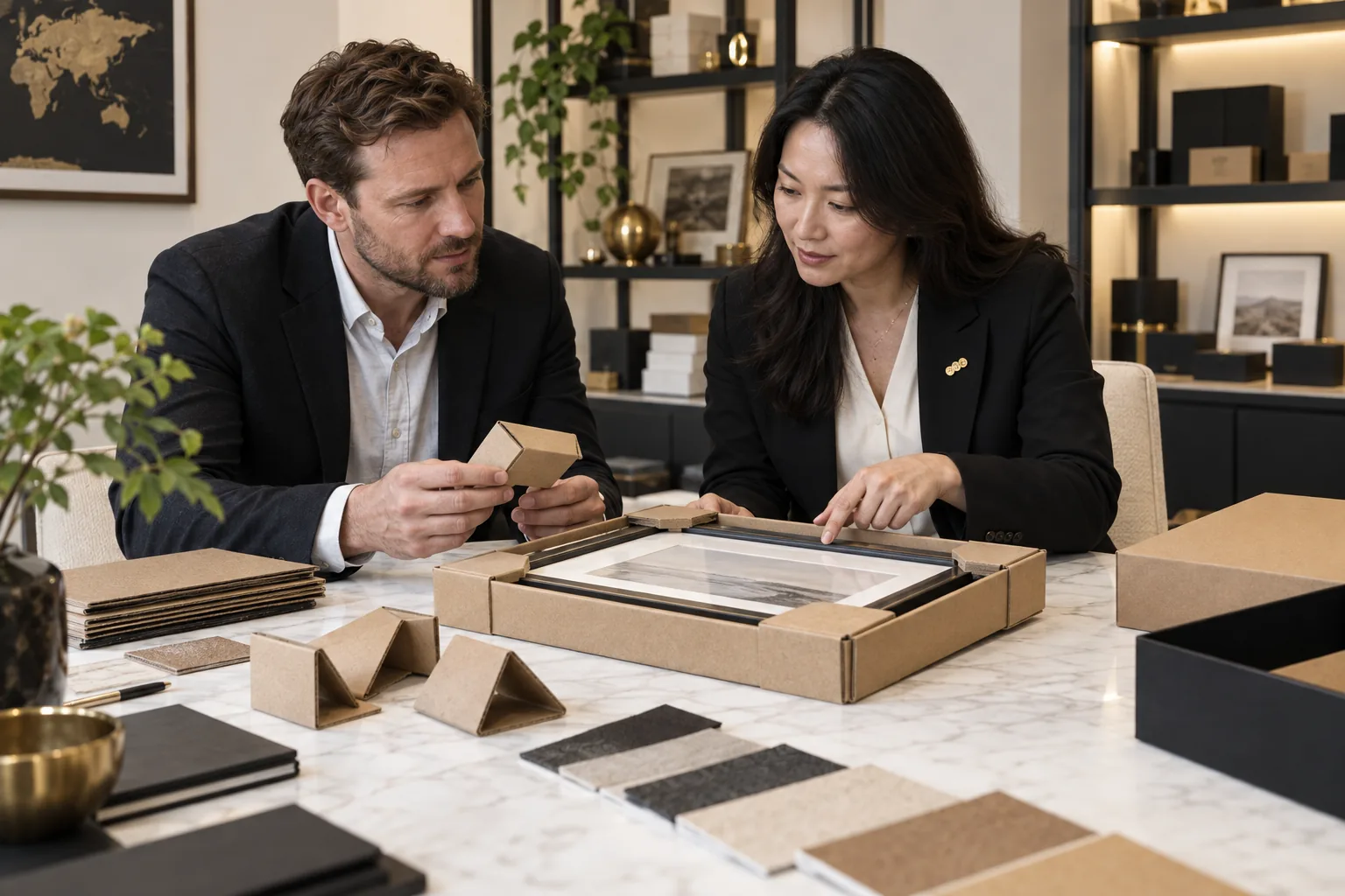 Private-label buyer and DOREMI project advisor comparing display-frame packaging samples and corner protectors
