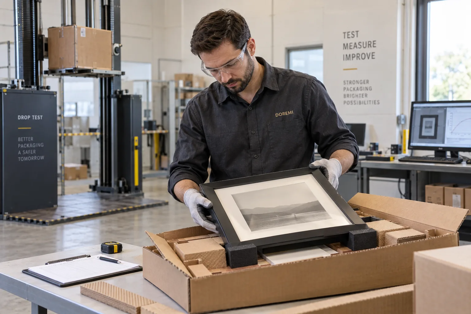 DOREMI packaging engineer inspecting a black display frame and corrugated protection after controlled parcel testing
