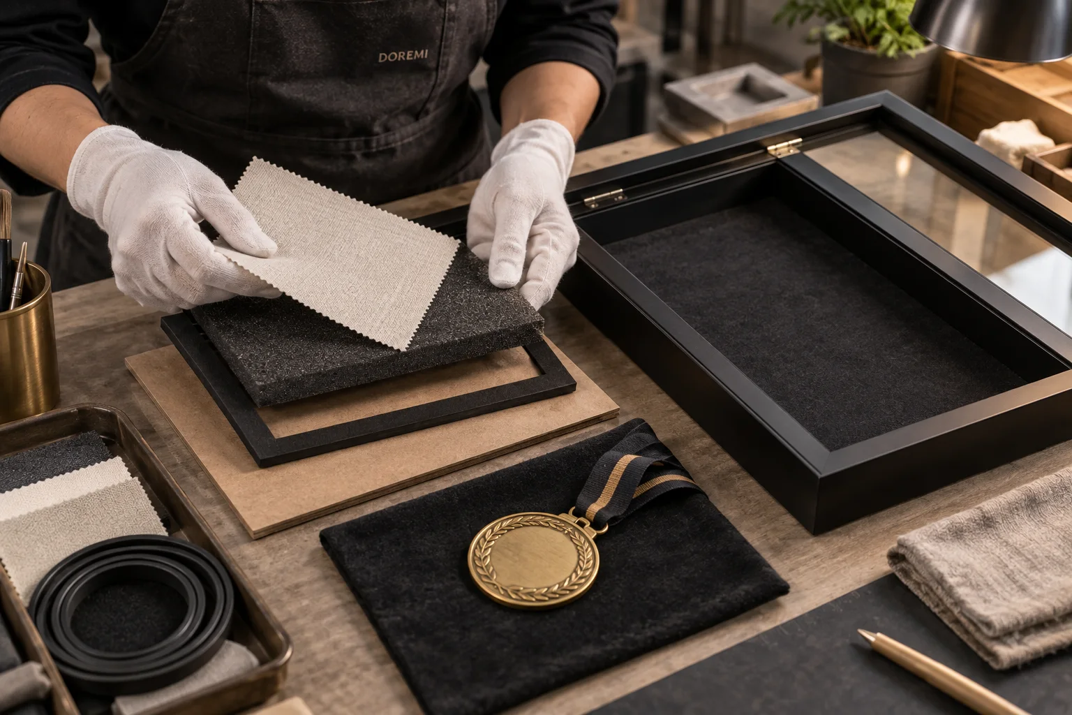 DOREMI technician comparing fabric, foam, gasket and backing materials beside an open black medal shadow box