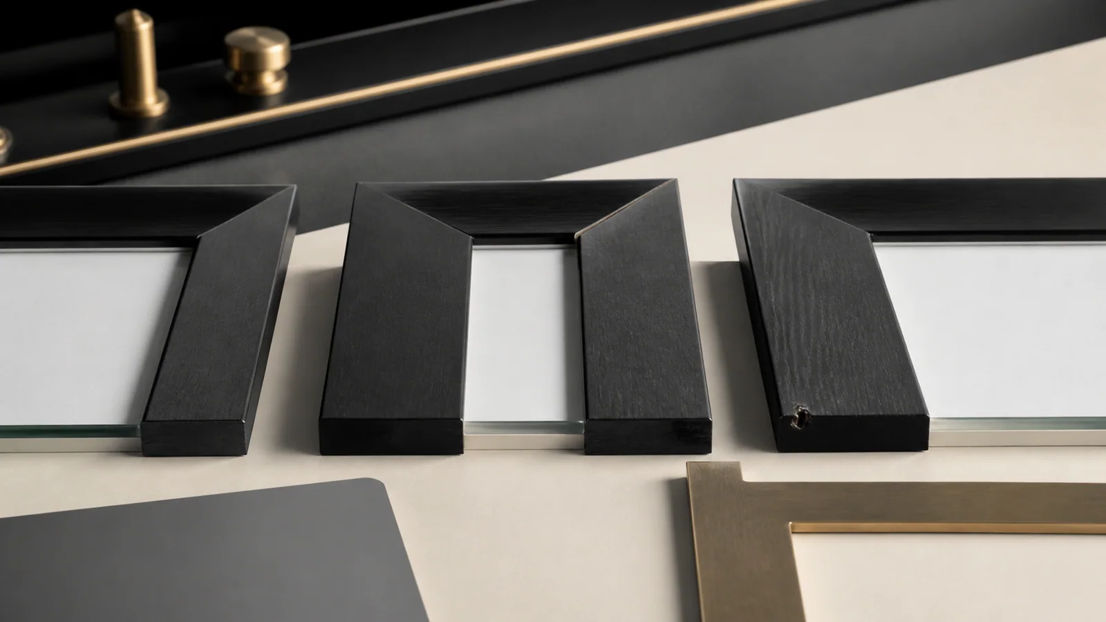 Close inspection view of black display-frame corner samples with a clean mitre, open joint and finish damage under raking light