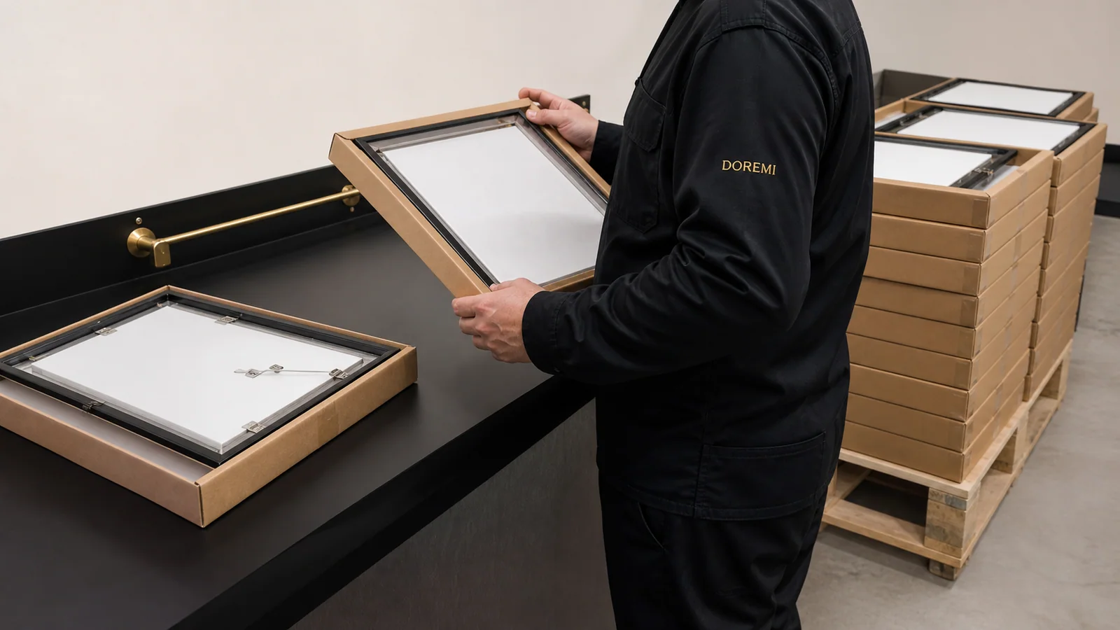 DOREMI quality inspector selecting packaged black display frames from a completed production lot for pre-shipment inspection