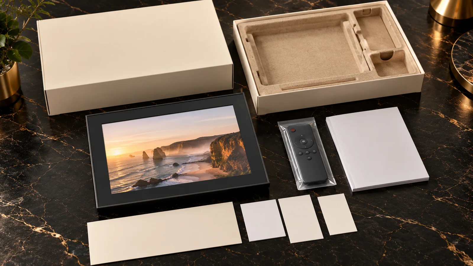 Digital photo frame, secured remote, fitted carton and blank artwork proofs arranged for an Australian packaging review