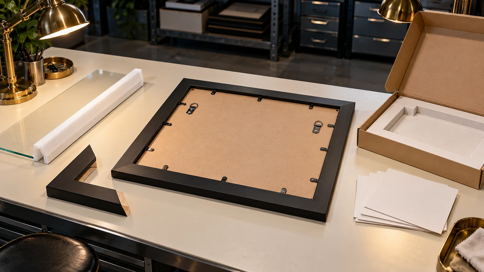 Picture frame face down on a quality bench with hanging hardware, a corner-joint sample, glazing protection, blank incident cards and plain packaging