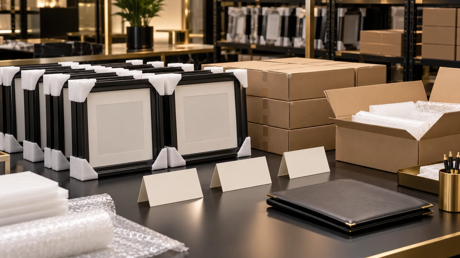 Multiple black frames and plain cartons segregated with blank identification cards and return packaging in a fulfilment area