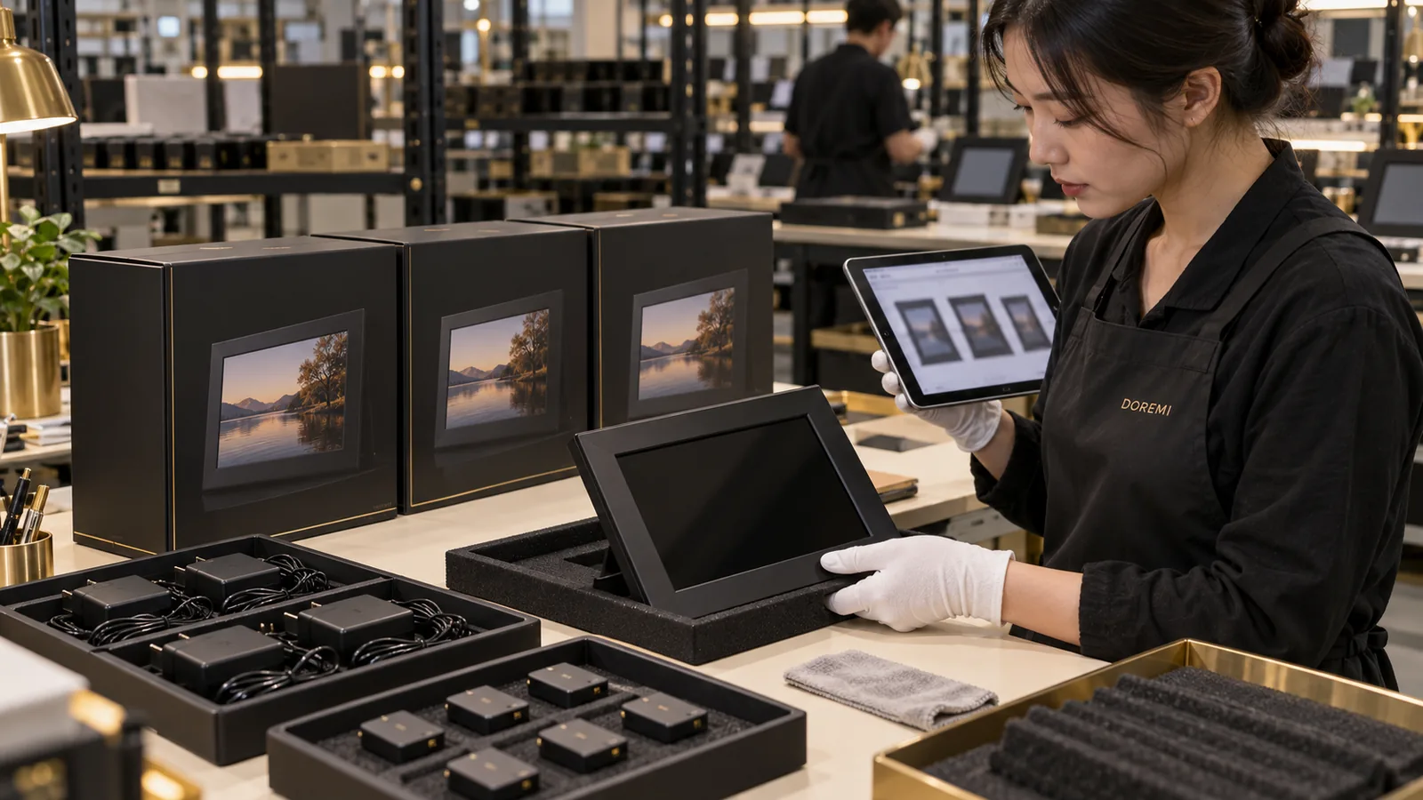 DOREMI technician comparing a production batch of digital display frames with controlled model records