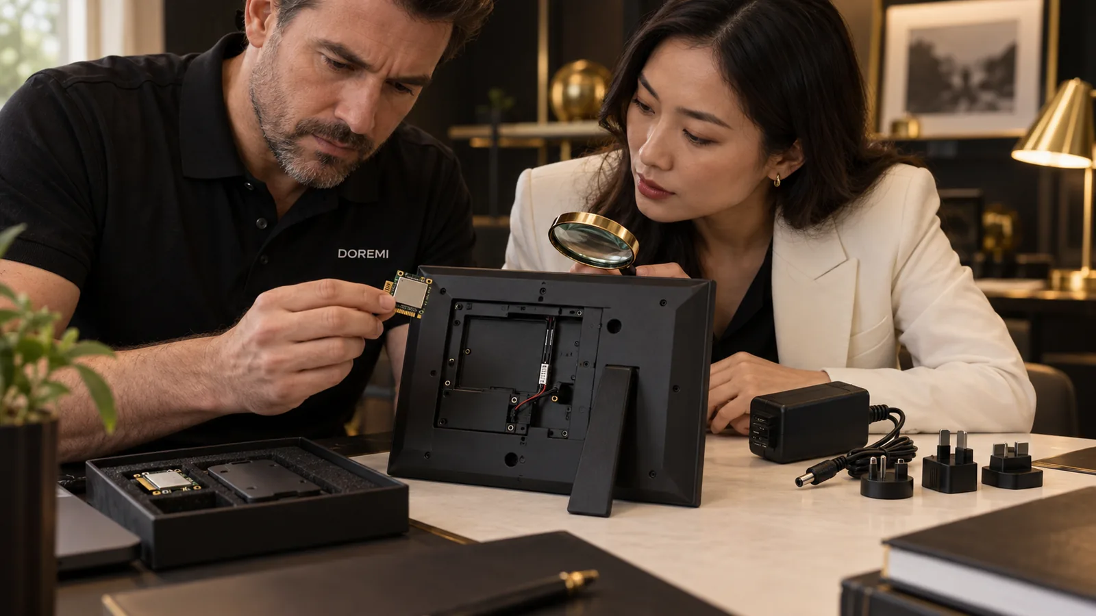 DOREMI engineer and Australian buyer reviewing a digital display frame radio module and external power adapters
