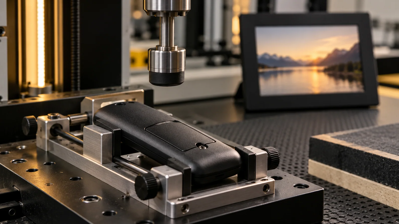 Black digital photo frame remote secured in a laboratory fixture for battery-compartment use-and-misuse testing