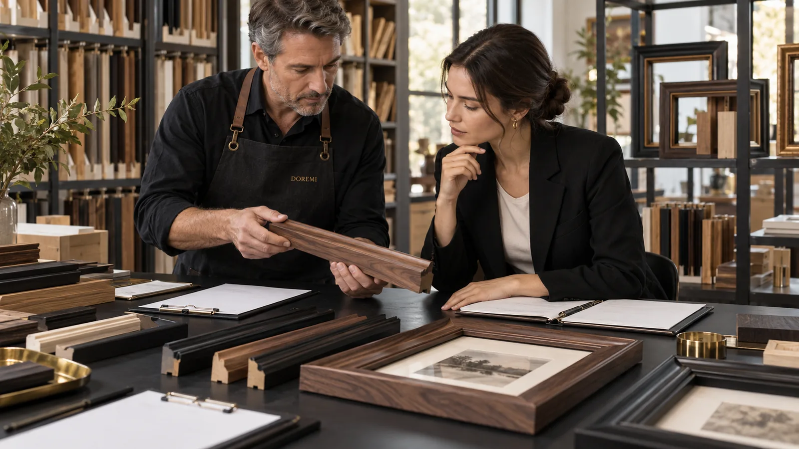 DOREMI frame specialist and Australian buyer reviewing wooden moulding profiles and supplier evidence for timber due diligence