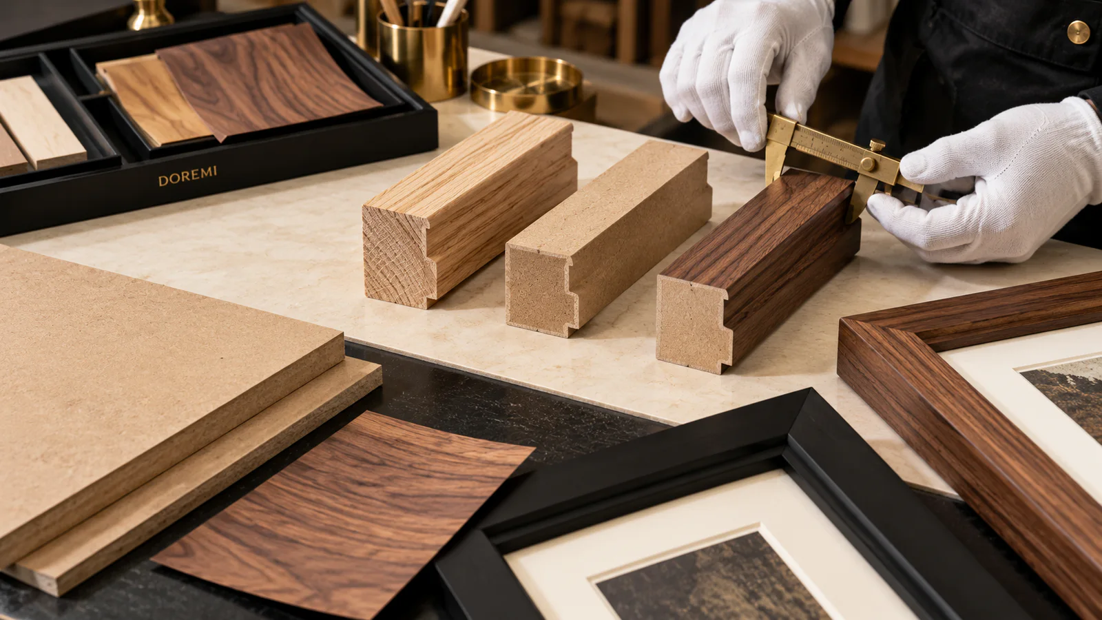 DOREMI quality team reviewing solid wood, MDF and veneer display-frame components on a clean black and cream inspection bench