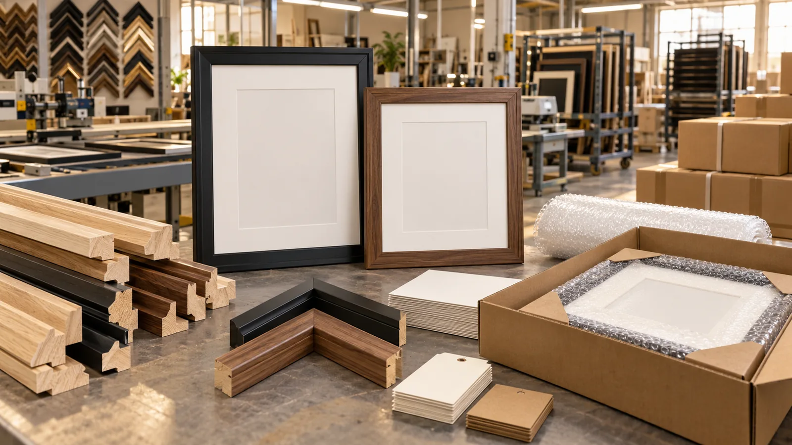 Black and walnut wooden display frames, moulding profiles and export packaging arranged for supplier origin evidence review