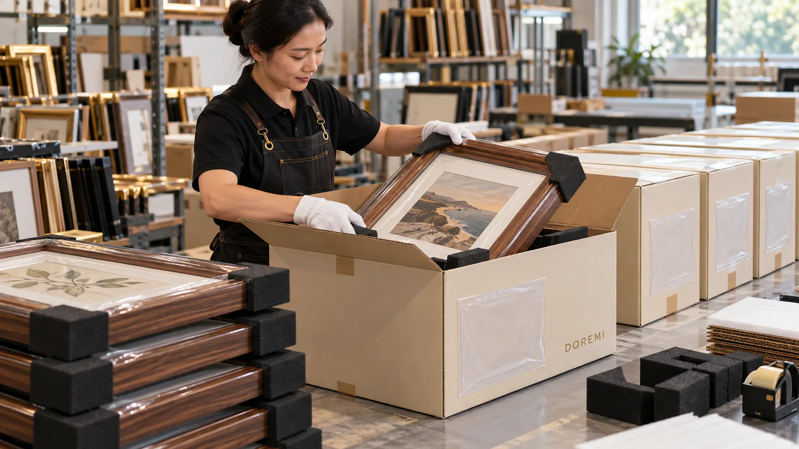 Clean finished wooden display frames in cream export cartons with a sealed document pouch and small natural DOREMI packing mark