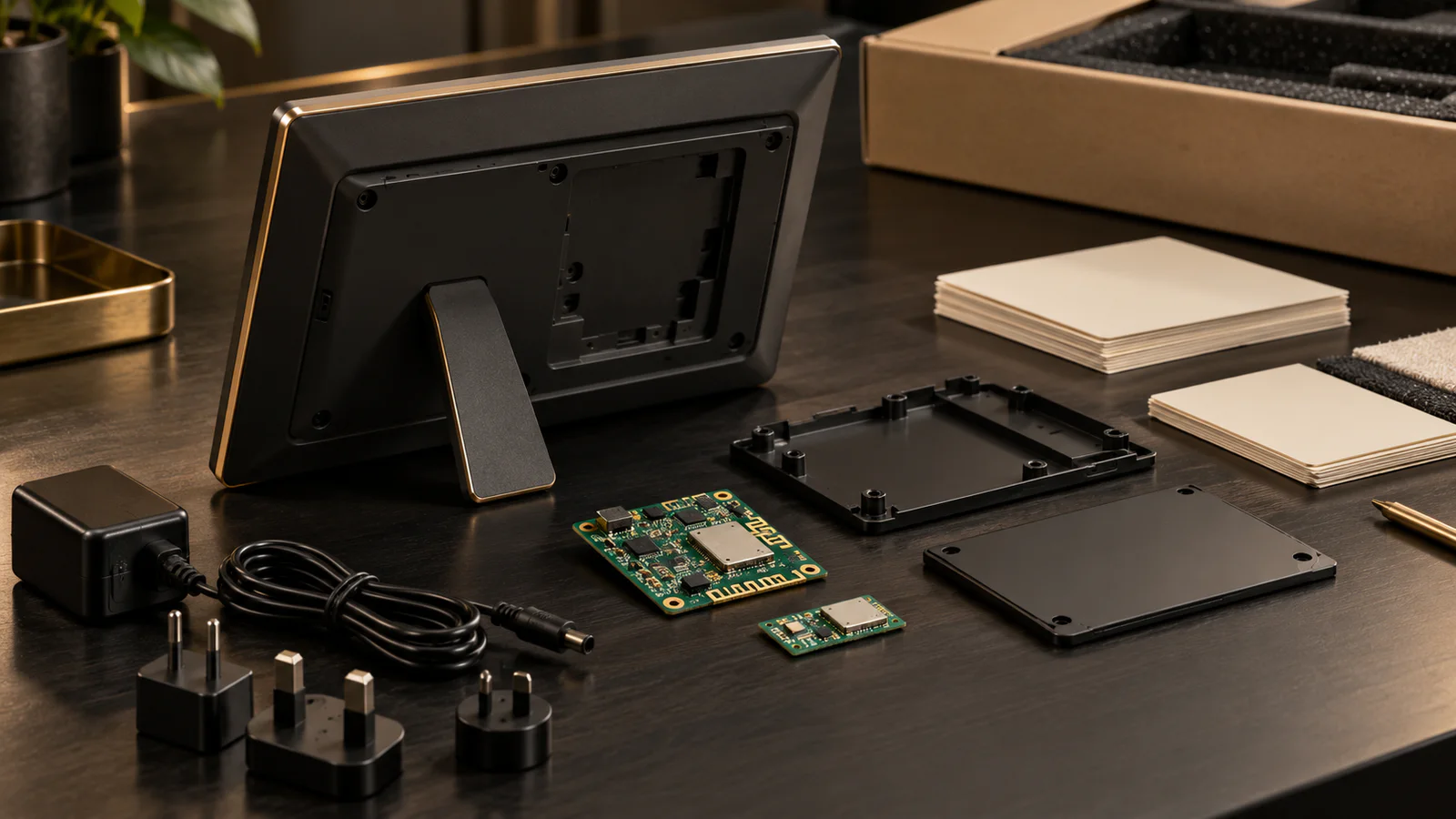 Digital photo frame rear enclosure, wireless circuit module, antenna area, adapter and blank BOM cards arranged for a Bluetooth OEM review