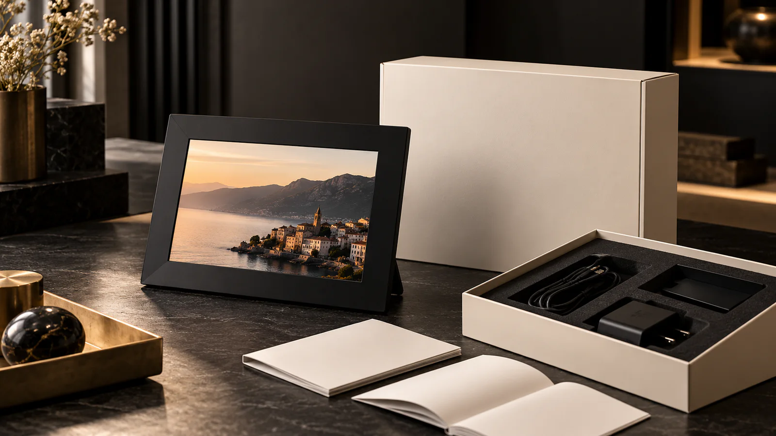 Finished black digital photo frame, cream retail carton, blank leaflet and accessory tray arranged for a private-label release review