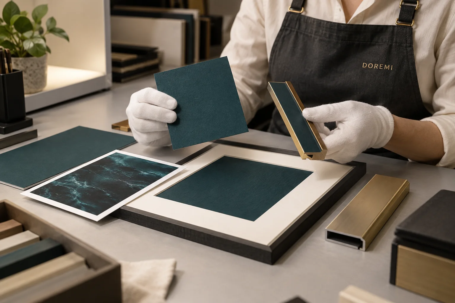 DOREMI technician comparing deep teal matboard, printed artwork and coated frame samples under neutral light