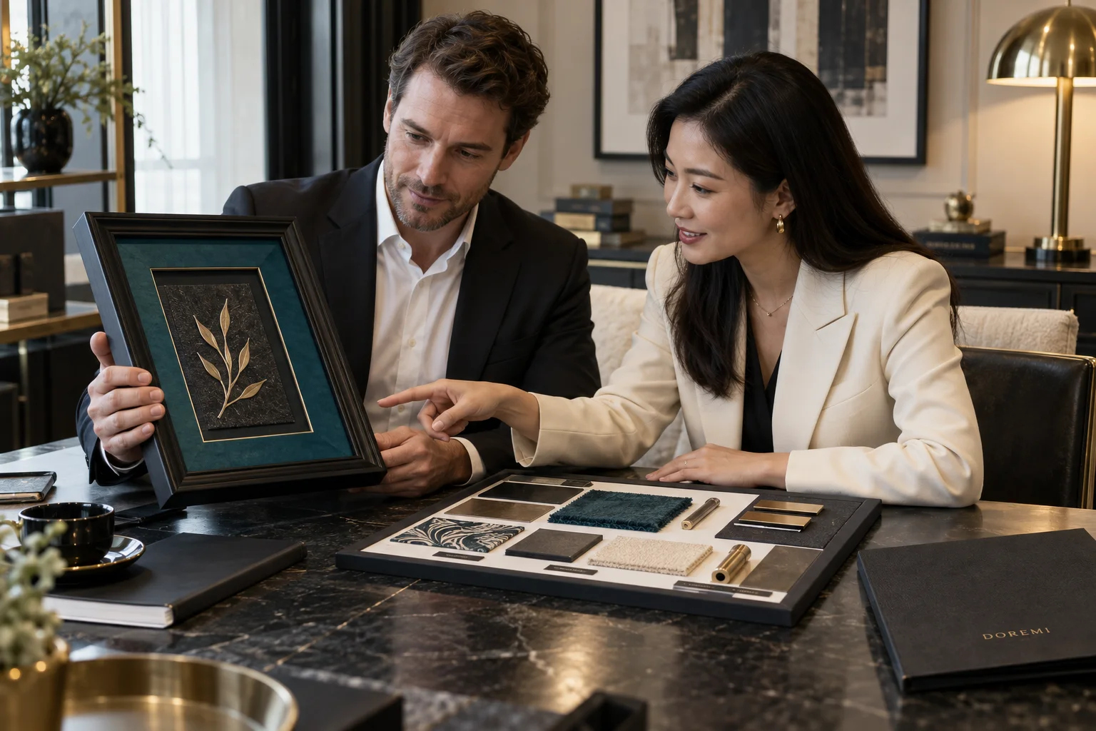 Buyer and DOREMI project advisor approving a custom display frame against a mixed-material physical color board