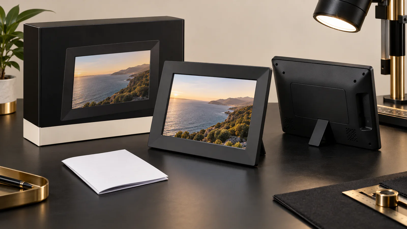 Black Wi-Fi digital photo frames, unprinted retail carton and blank label area under a product-approval inspection light