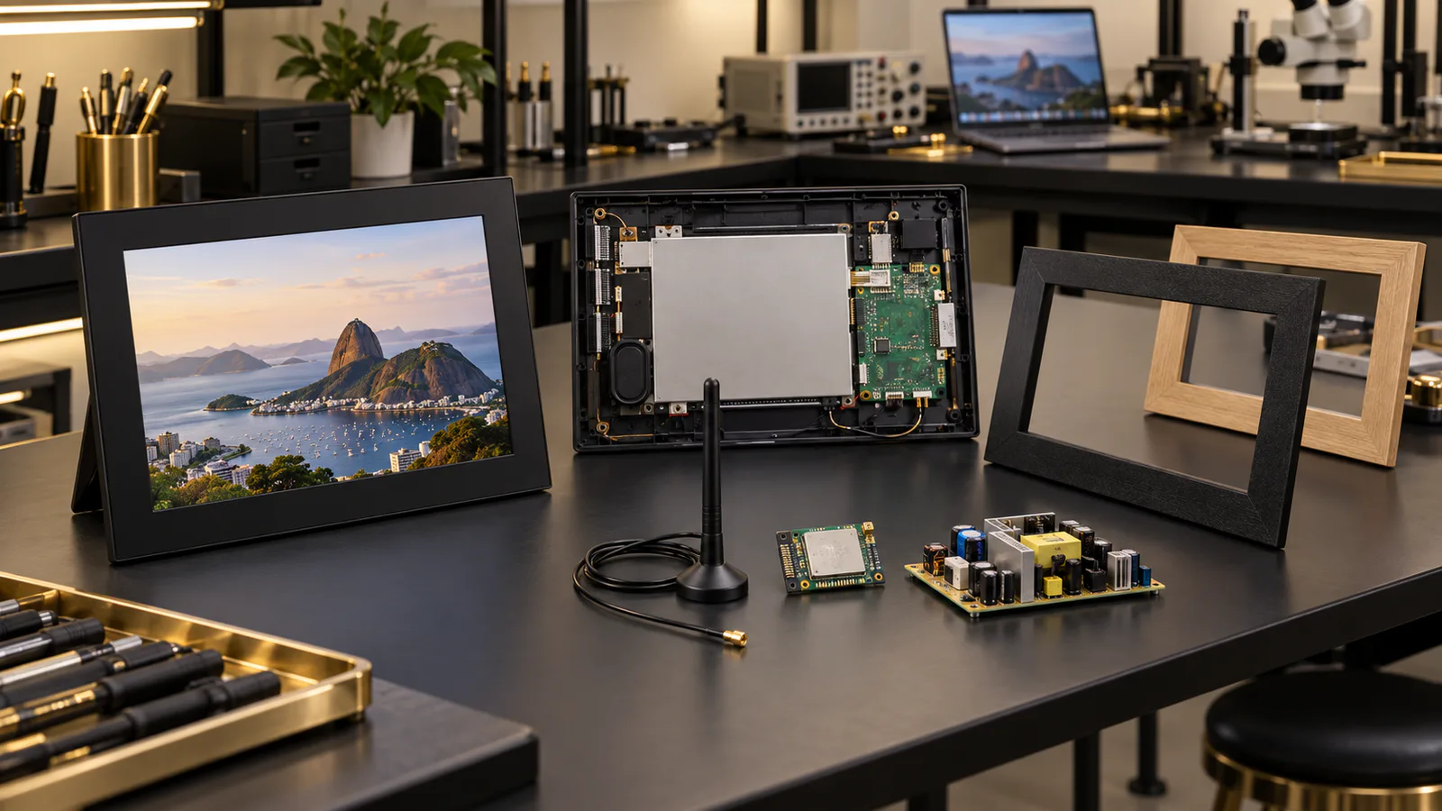 Finished Wi-Fi digital photo frame, open chassis, radio parts and cosmetic variants arranged for an ANATEL product-family review