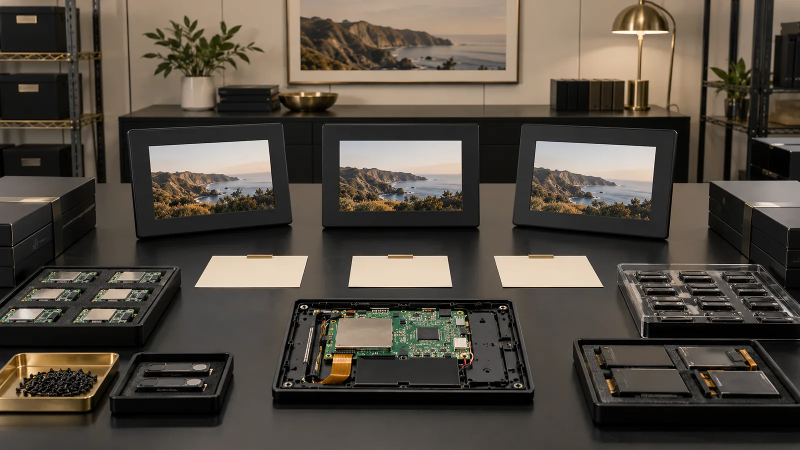 Three black Wi-Fi digital photo frames, open electronics and controlled component trays prepared for OEM change review