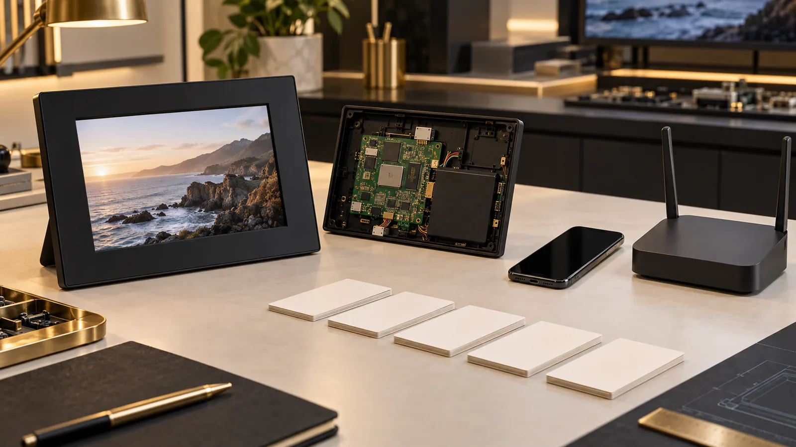 Wi-Fi digital photo frame, open hardware sample, phone and router arranged for a full connected-product security review
