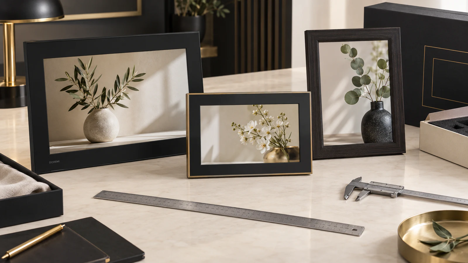 Premium digital picture frame samples and unbranded measurement tools arranged for a California model-data review