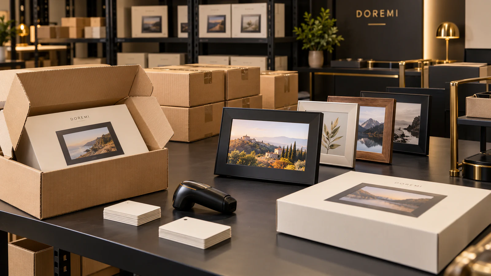 Black and cream digital frame cartons with discreet DOREMI branding arranged for a California retailer data handover