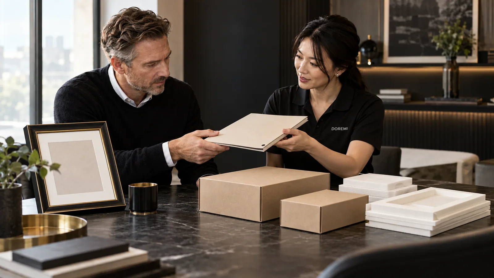 DOREMI project advisor and packaging buyer handing over a controlled blank artwork folder beside a black display frame and plain cartons