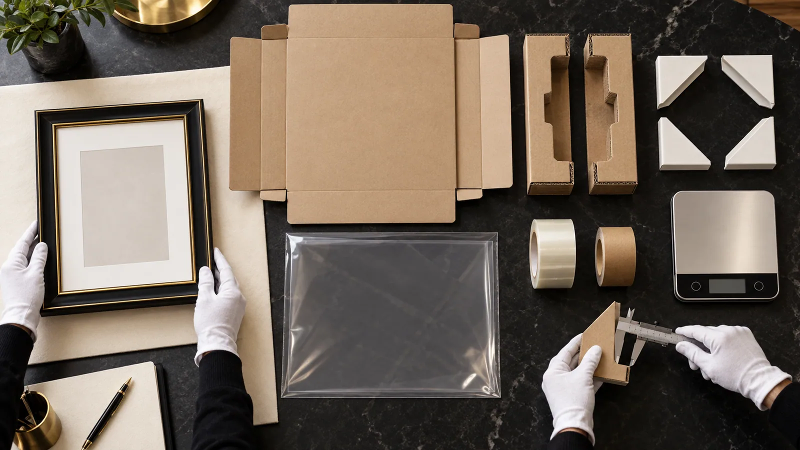 Overhead audit of a black and gold display frame with kraft carton, protective sleeve, corner pieces, scale and packaging samples