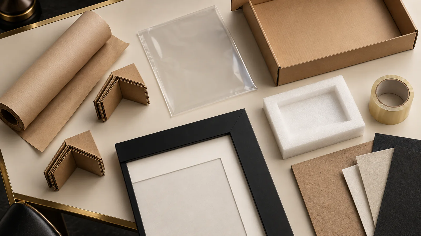 Top-down packaging bill of materials showing a black display frame with separated paper, plastic, foam and board protection components