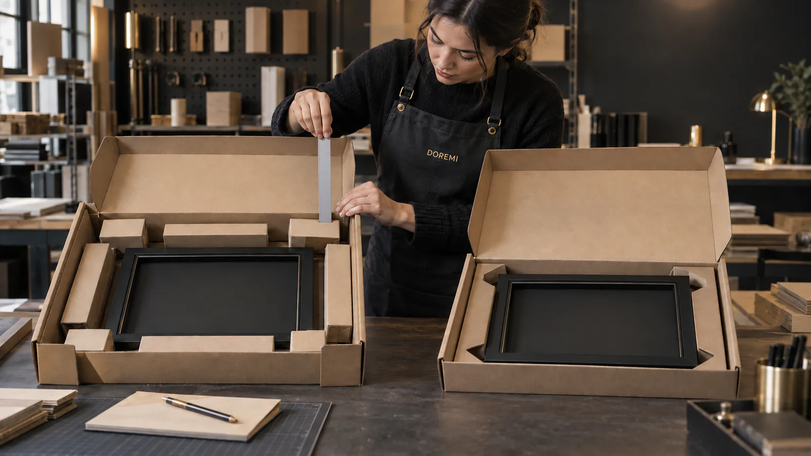 DOREMI packaging engineer comparing two paper-based protective pack constructions for identical black display frames