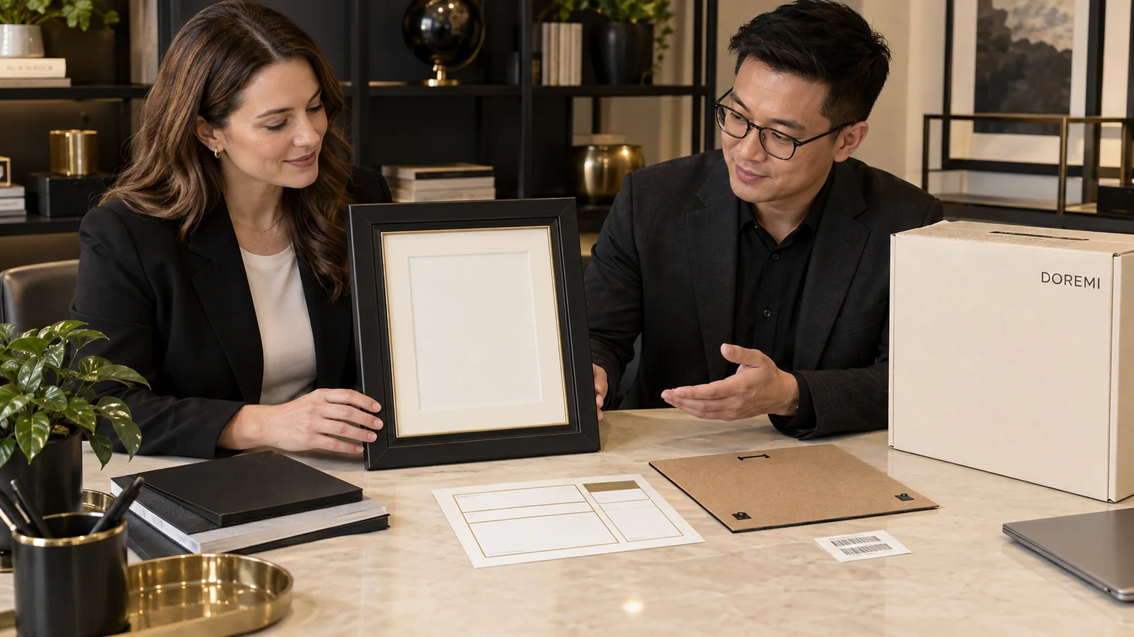 Canadian buyer and DOREMI project advisor reviewing a black certificate frame, backing sample, cream carton and controlled label records