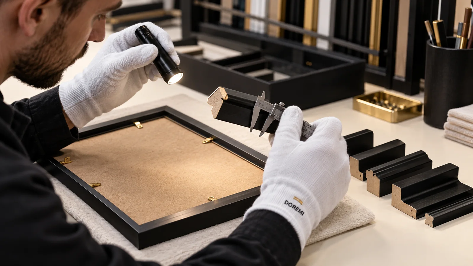 DOREMI quality specialist checking a black display frame, MDF backing board and profile samples at a controlled inspection bench
