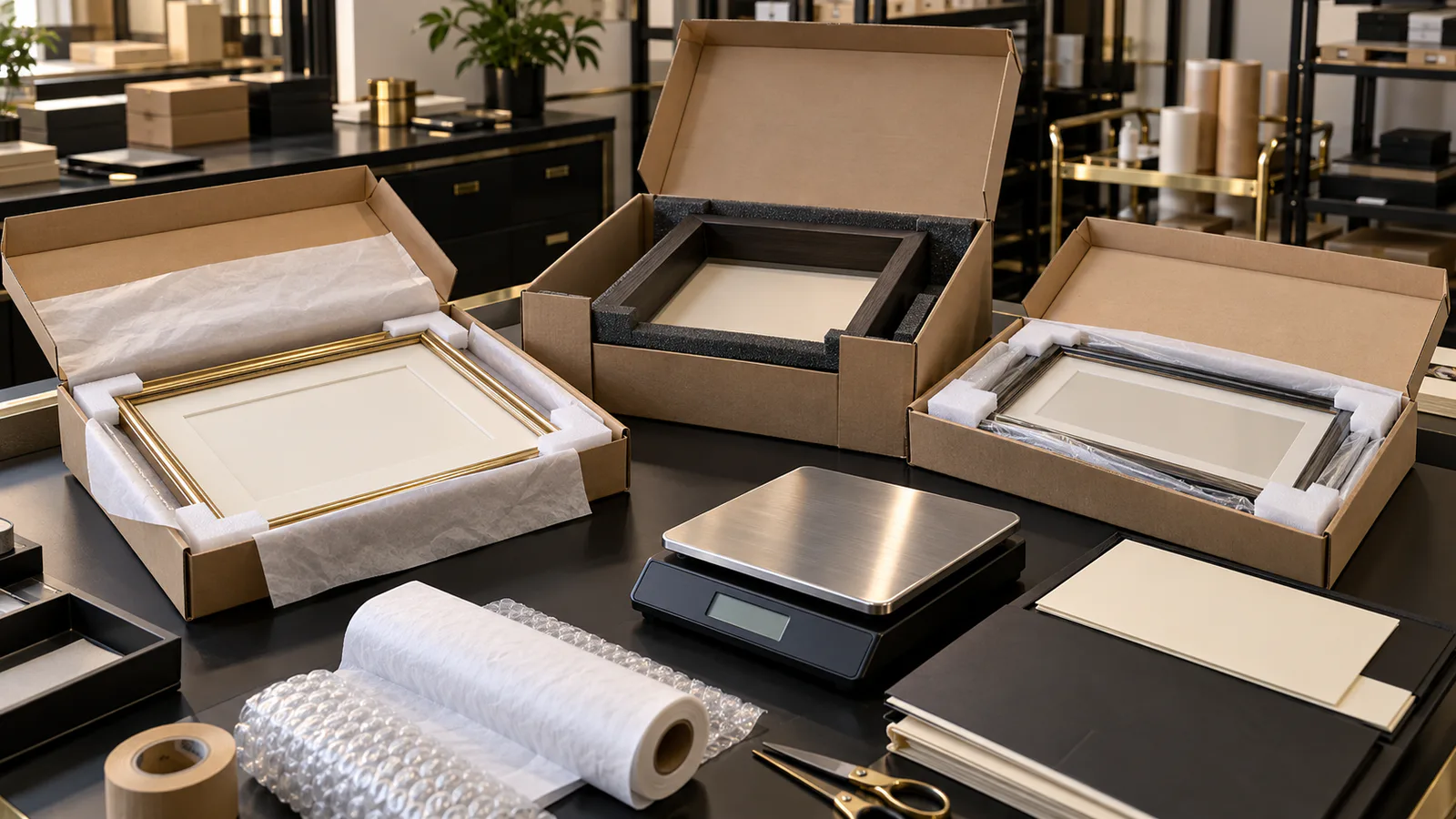 Three display-frame packaging configurations, protective materials and a scale prepared for Canadian import accounting