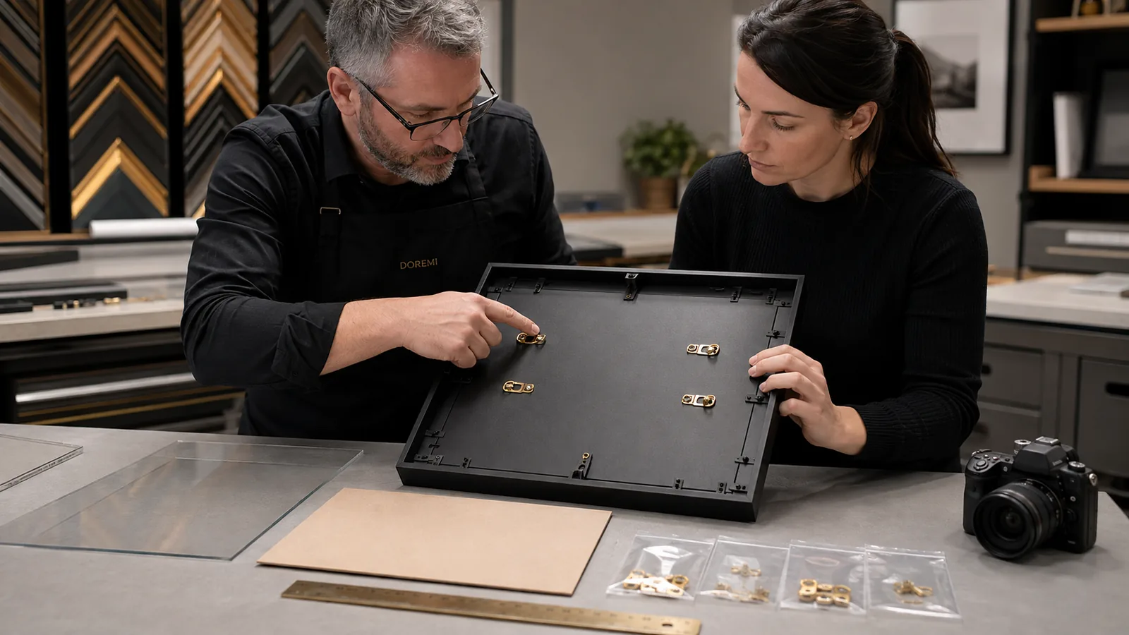 DOREMI specialists examining a display-frame back, hanging hardware and component samples during a product-safety investigation