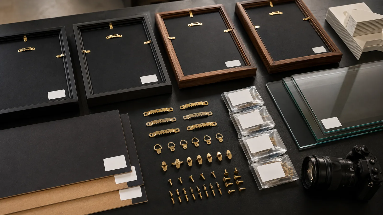 Black and walnut display-frame backs, hanging hardware, glazing and component batches arranged for Canadian product traceability
