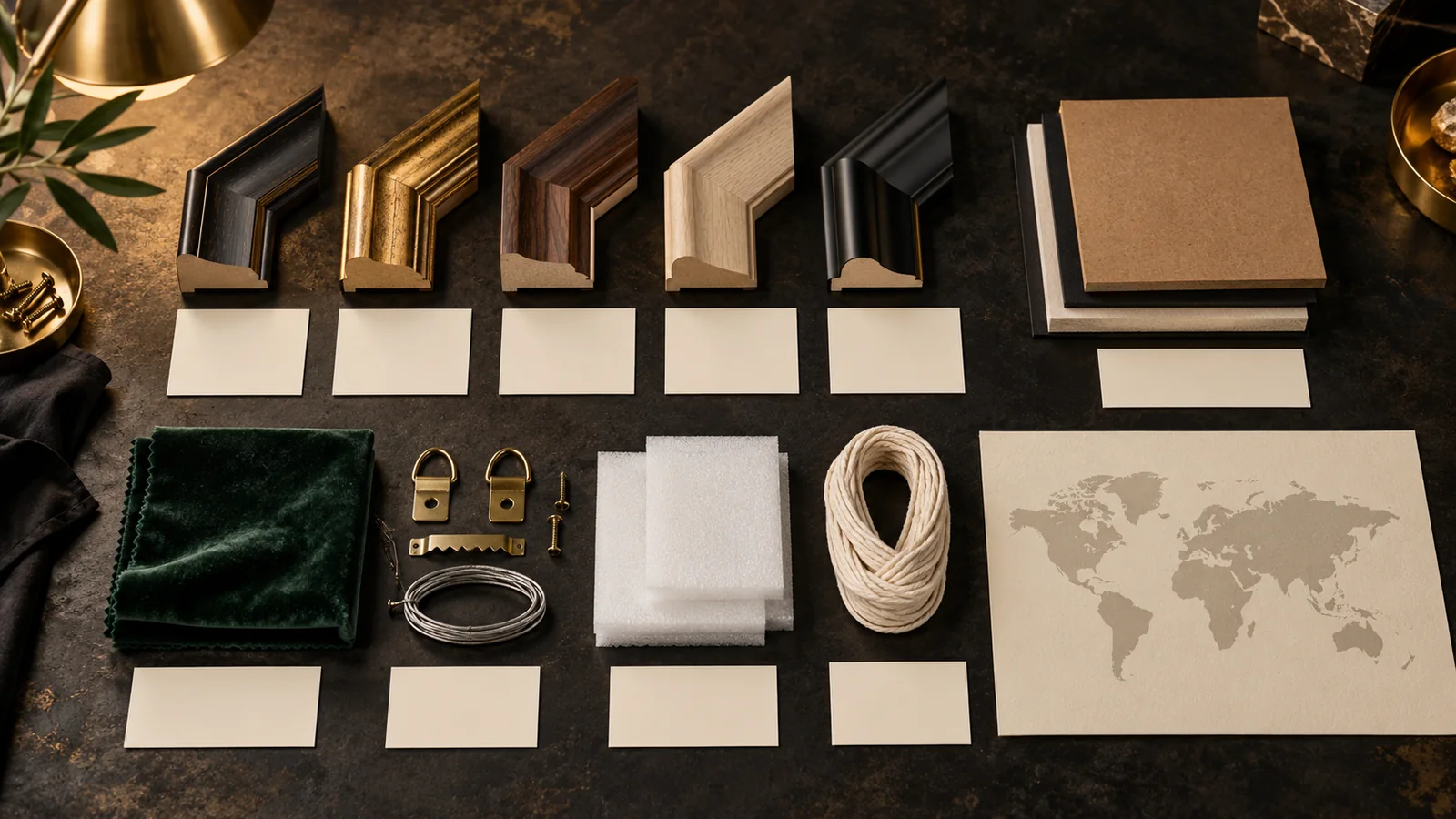 Display-frame moulding, backing, textile, hanging hardware, foam and cord samples arranged beside blank traceability cards and a world map