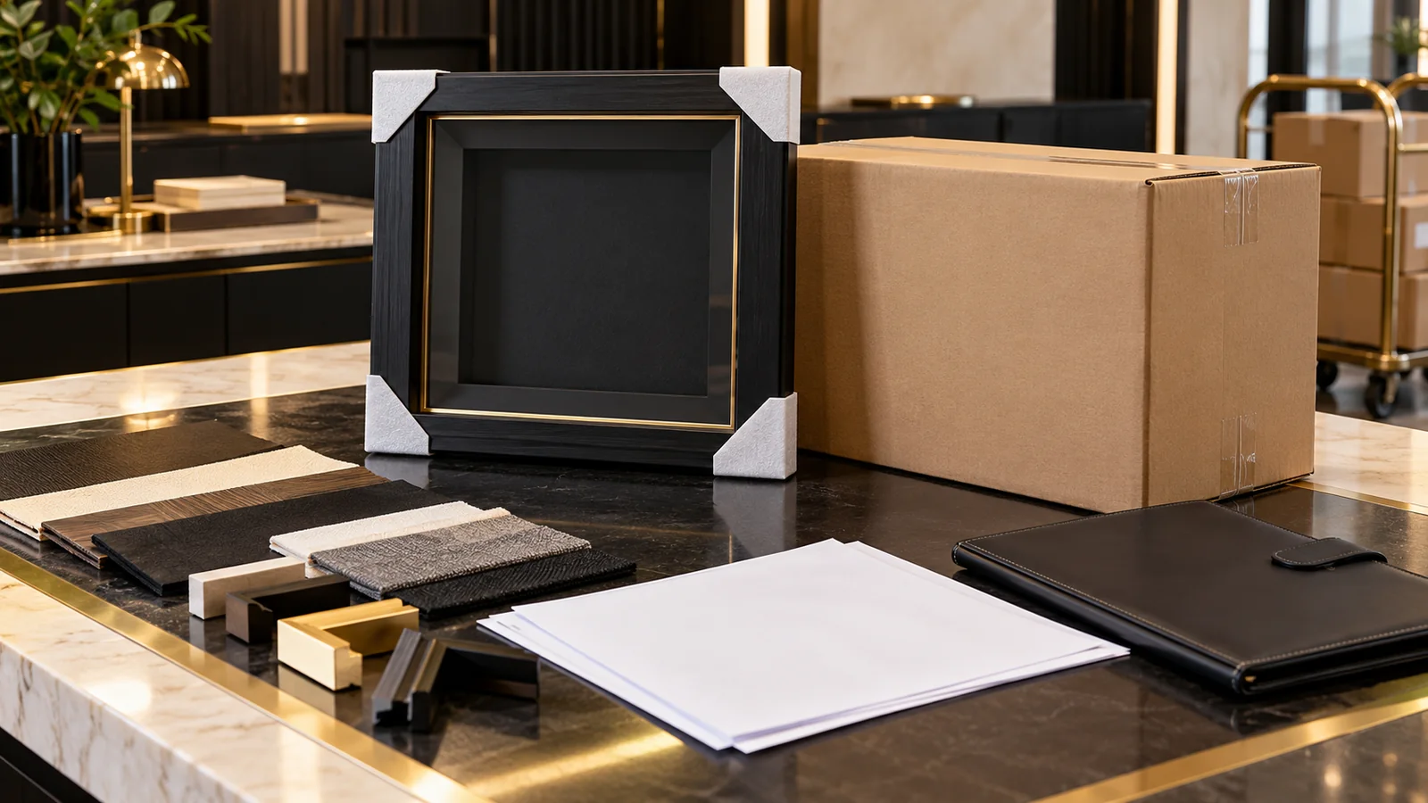Black shadow box, protected frame corners, plain export carton, material samples and blank shipment papers prepared for an importer review
