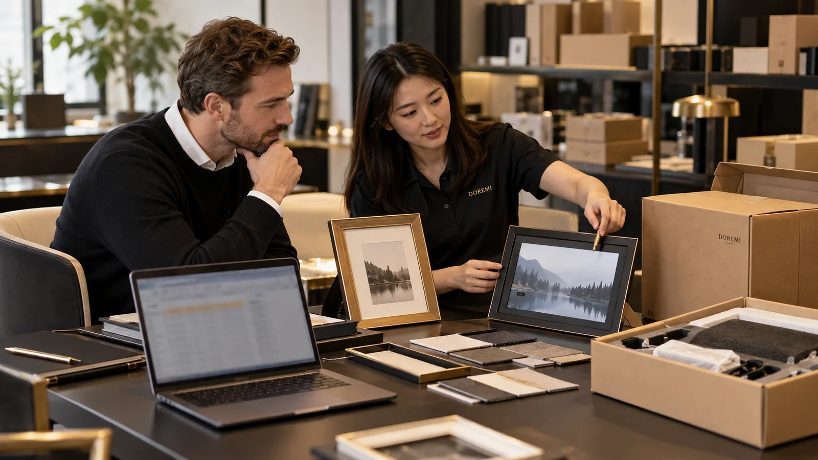 Canadian display-frame buyer and DOREMI supplier reviewing SKU cartons, material samples and a controlled plastics data handover