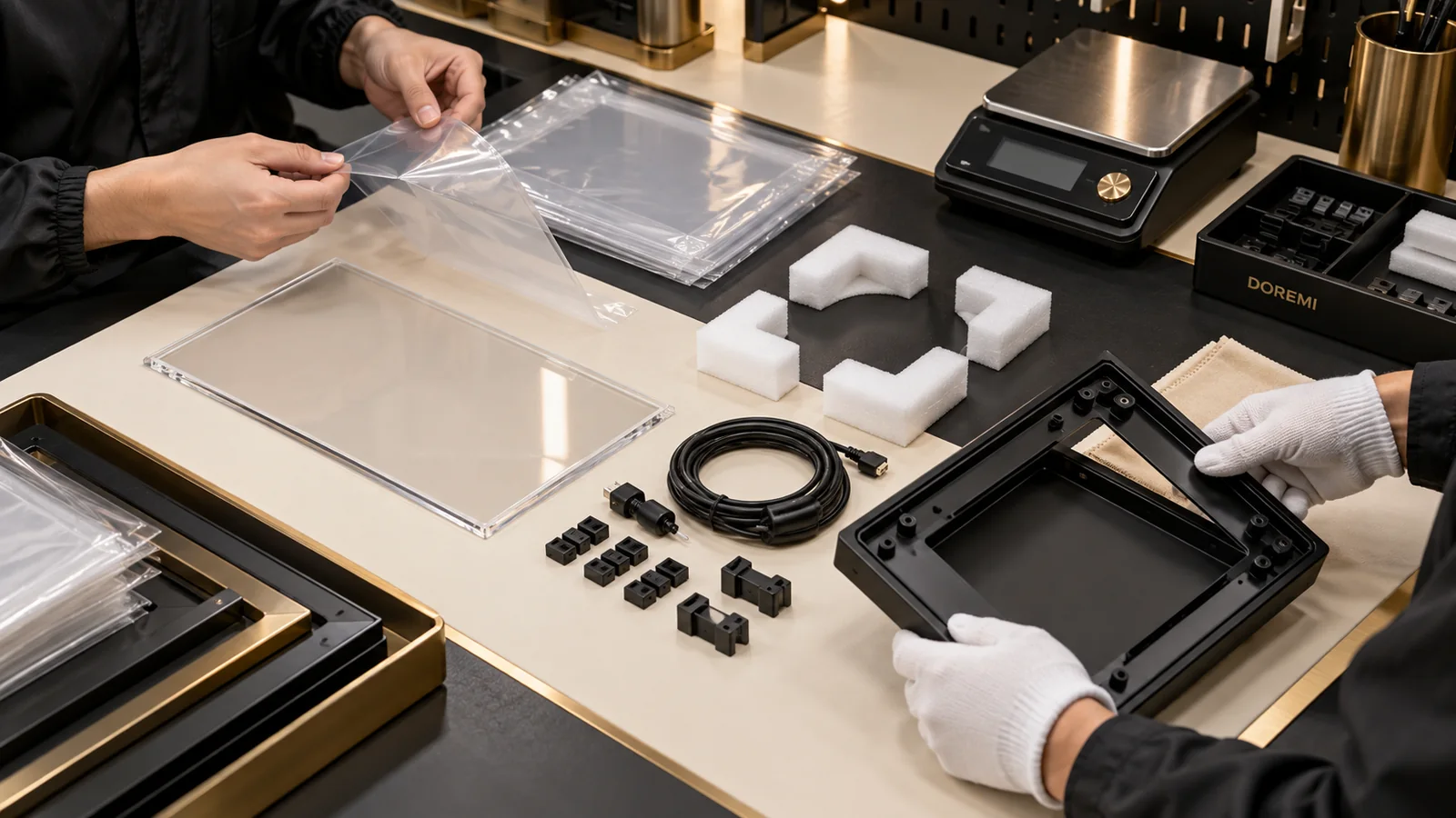 DOREMI supplier team separating display-frame plastic packaging and product components for a controlled bill-of-materials review