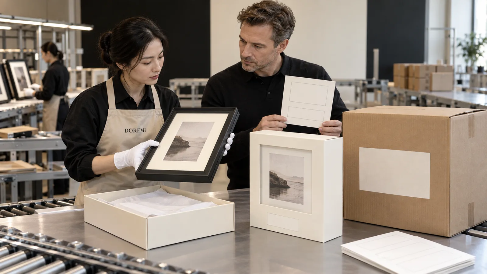 DOREMI quality worker and Canadian buyer comparing a display frame with blank retail and master-carton label zones