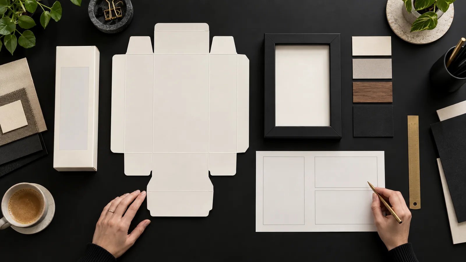 Top-down review of a blank display-frame carton dieline with reserved bilingual label zones, product sample and material swatches
