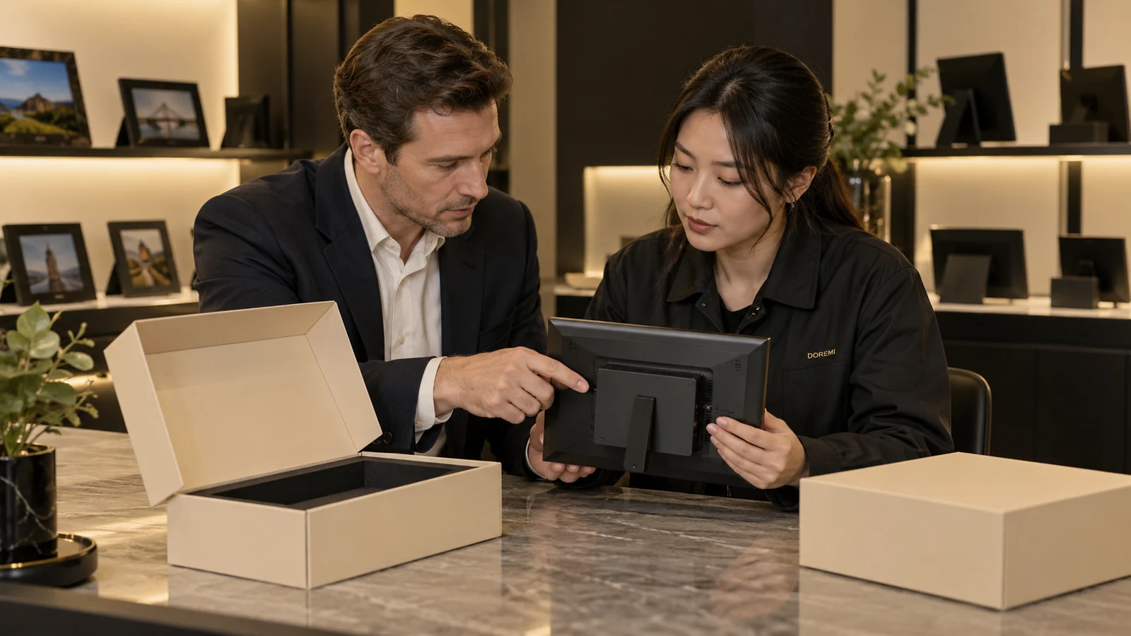 Canadian buyer and DOREMI specialist reviewing the rear wireless-module area of a digital photo frame with blank sample packaging