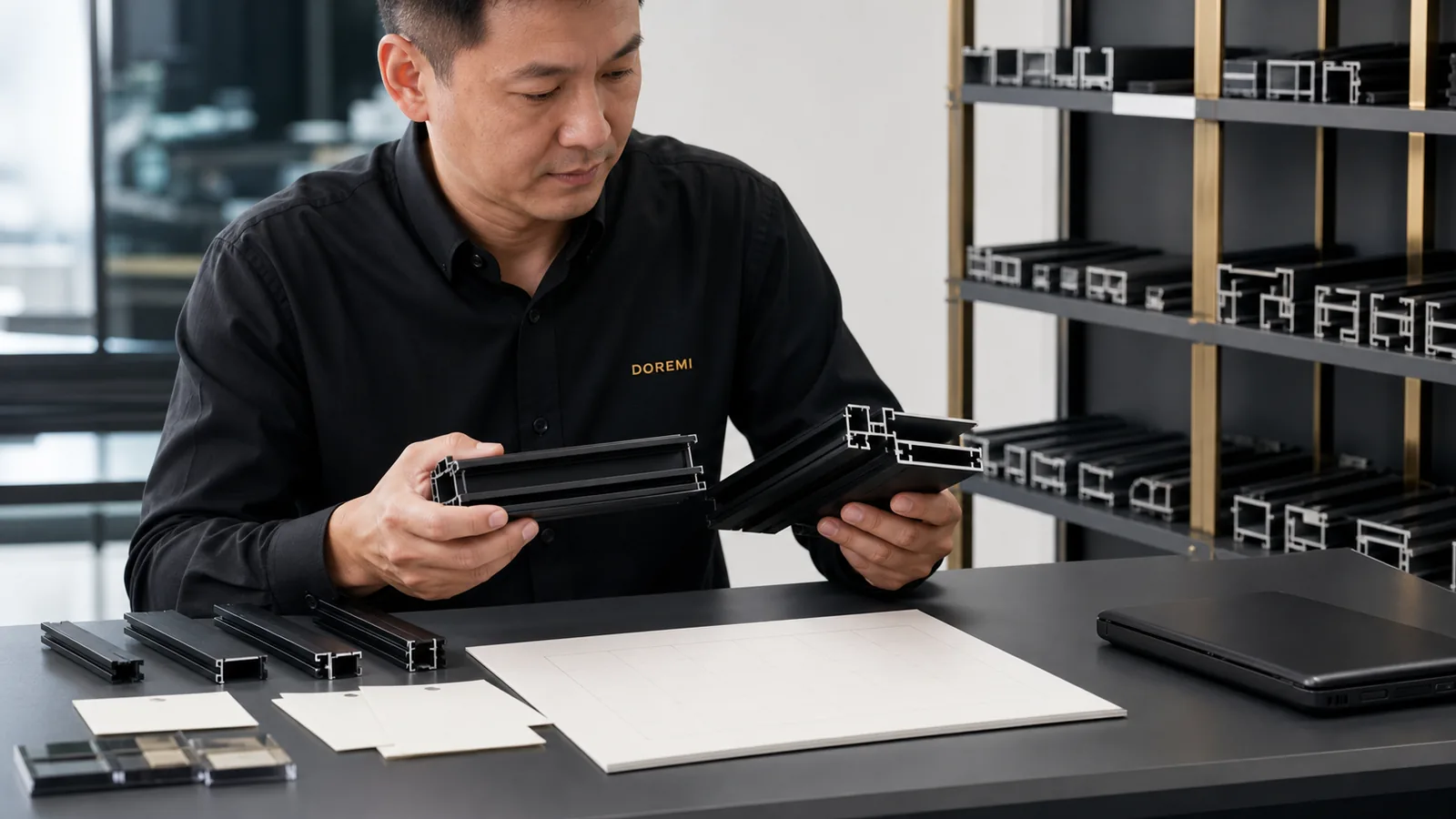 DOREMI factory specialist reviewing black aluminium frame profiles beside a laptop with a blank supplier emissions-data grid