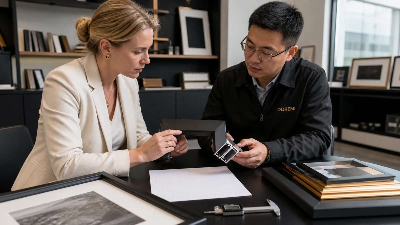 EU importer and DOREMI project advisor comparing an aluminium display frame, profile section and blank CN-code review sheet