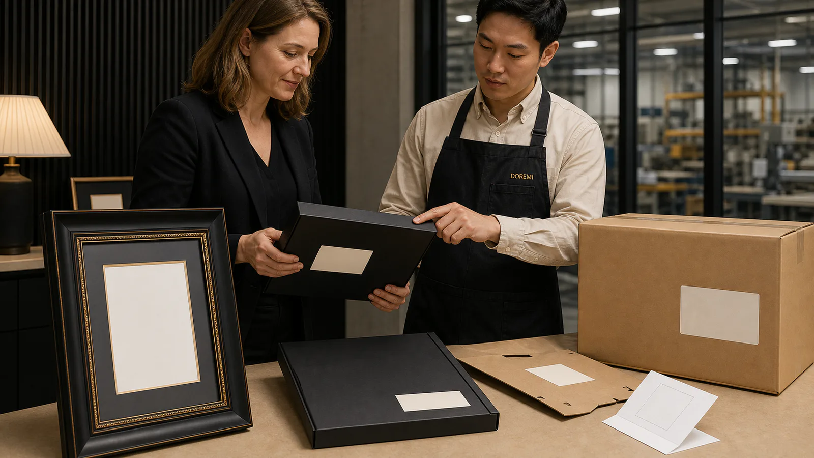 European buyer and DOREMI packaging coordinator reviewing blank product and carton label zones after a display-frame compliance decision